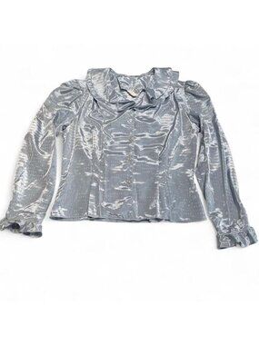 Vintage 80's Iridescent Blue Tailored Blouse Women Large Pirate Regency Academia